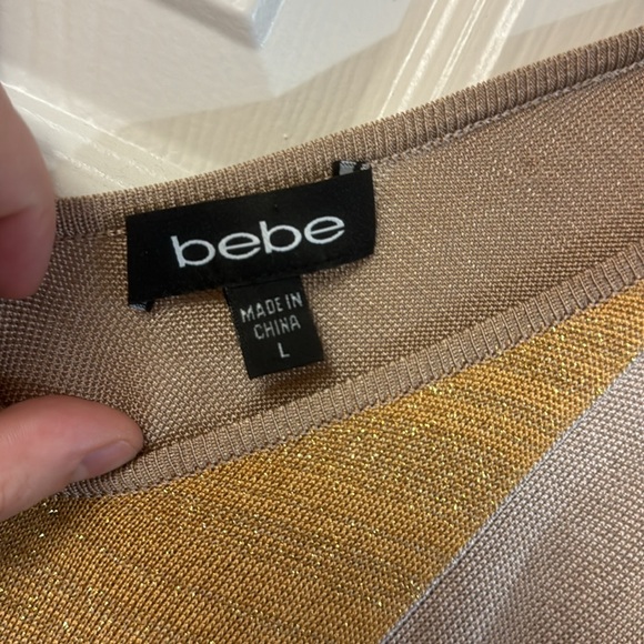 Bebe tan gold v neck short sleeve bodycon stretchy sweater tunic top dress L - Picture 8 of 11